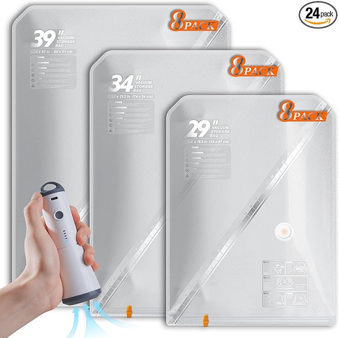 Vacuum Seal Bags for Clothing with Rechargeable Cordless Pump, 24 Pack Vacuum Storage Bags, Compression Packing for Clothes Bedding Blanket Pillows Comforters