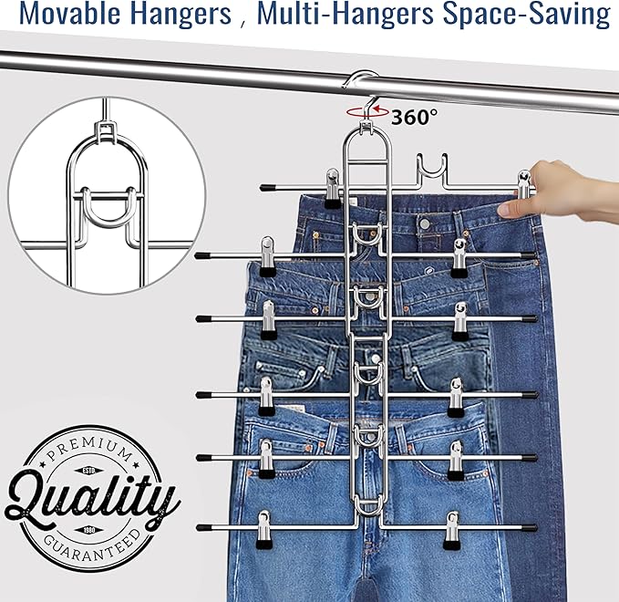 Pants & Skirt Hangers with Clips, Newly Upgraded Detachable - Space Saving Hangers, 6-Tiers Foldable Skirt Hangers for Women - Hanging Closet Organizer and Storage - 4 Pack, Patent Pending