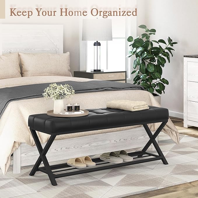LUE BONA 44.5” End of Bed Bench with Shelf, Linen Tufted Upholstered Storage Shoe Bench, Modern Bedroom Bench with Metal Legs for Living Room, Entryway, Dining Room, 300 LB, Black