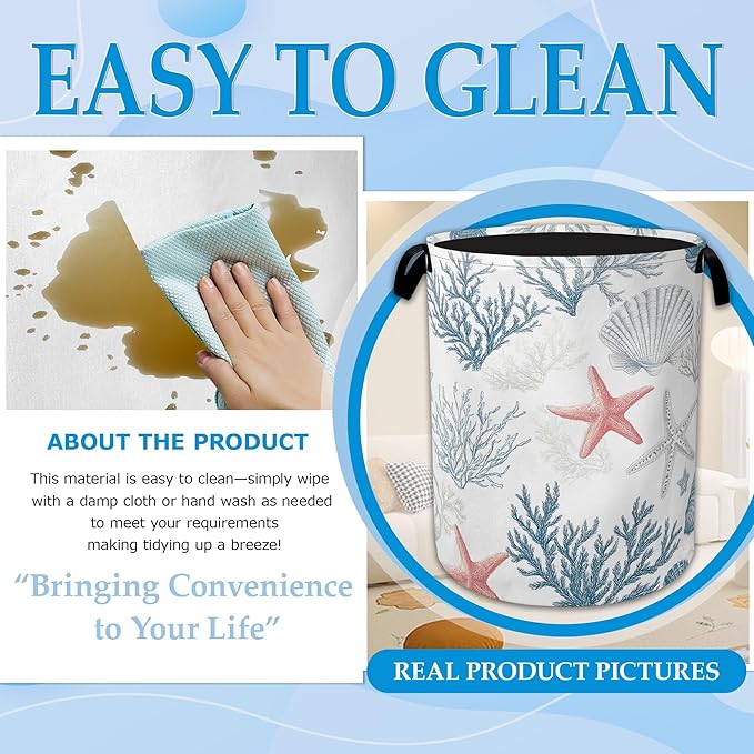 Seashell Starfish Ocean Laundry Basket Collapsible Laundry Hamper with Handle, Oxford Clothes Toy Storage Bin for Bathroom Bedroom Room Decor 16" X 20.8"