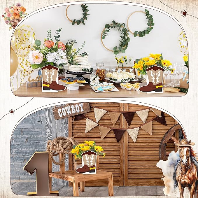 8 Set Western Cowboy Boots Flower Boxes Centerpiece Boot Shape Gift Boxes Western Party Decoration Vase Centerpieces for Table Rodeo Birthday Baby Shower Wedding Supplies(Brown)
