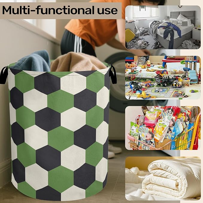 Soccer Large Clothes Hamper Bag - Laundry Basket with Handles, Space Saving Foldable Design for Nursery