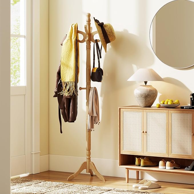 Tangkula Coat Rack Freestanding, Solid Rubber Wood Coat Tree with 11 Hooks and 3 Height Options for Coats, Hats, Bags, Purses, Clothes, Hanger Stand for Entryway Hallway Bedroom Office (Natural)