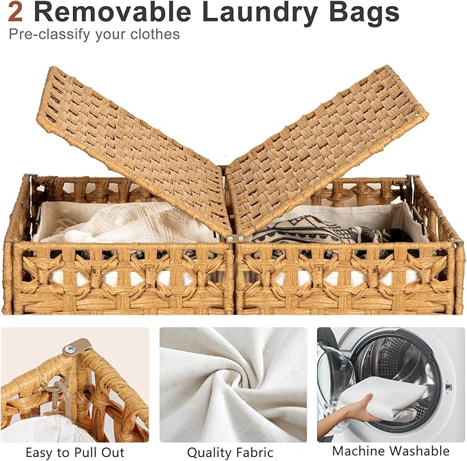 130L Foldable Laundry Hamper with Lid - Handwoven Rattan Storage Basket, 2-Section Clothes Hamper w/2 Removable Liner Bags, Easy Assembly, Portable for Bedroom Bathroom Dorm,Natural