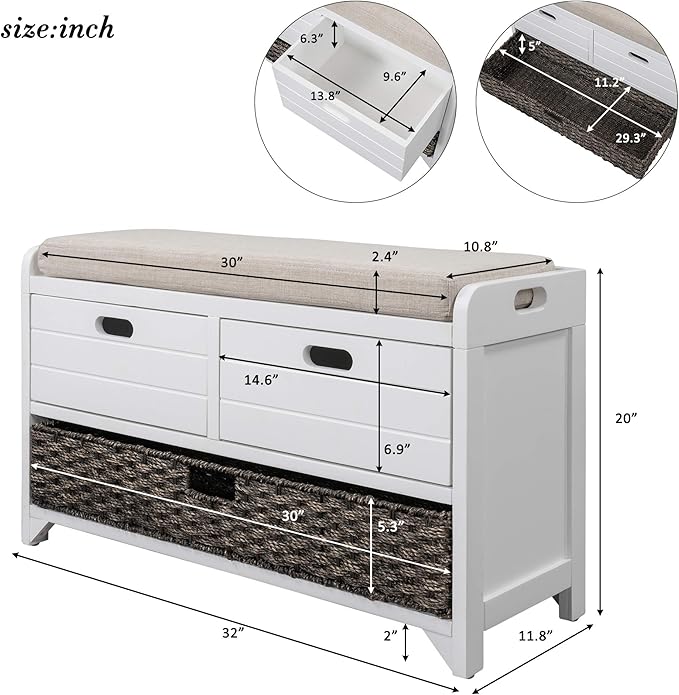SOFTSEA Storage Bench with Drawers and Basket, Farmhouse Shoe Bench with Seating and Cushion for Hallway Entryway Living Room, Full Assembled (White Wash-2 Drawers)