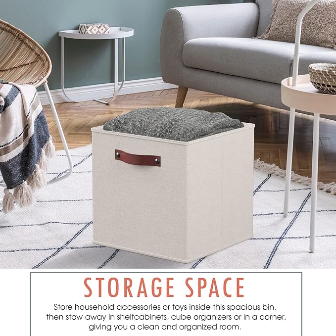Ornavo Home 13 x 13 Storage Cube Bins, Foldable Collapsible Fabric Storage Bins Box Linen Shelf Basket Cube Organizer for Closet with Leather Handles, 6 Pack, Beige