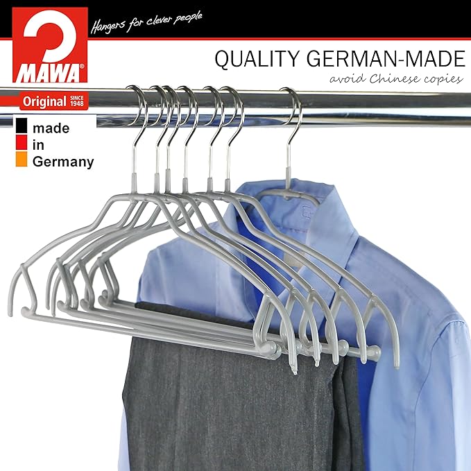 Mawa by Reston Lloyd Silhouette Ultra-Thin Series, Non-Slip Space Saving Shirt Hanger with Pant Bar & Skirt Hooks, Style 42/FTU, Pack of 130, Silver