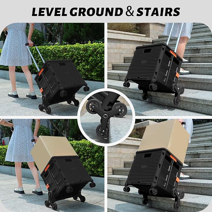 FELICON SELORSS Folding Utility Cart Portable Rolling Crate Handcart with Stair Climbing Wheels&360°Swivel Wheels Telescoping Handle Plastic Box Dolly for Travel Shop Move Office Teacher Use(Black)