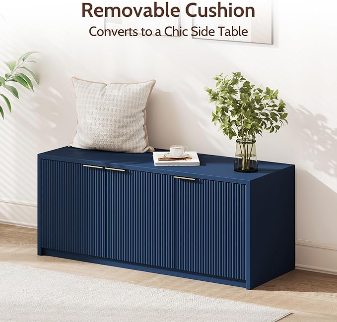 2-Tier Shoe Storage Bench with 3 Doors & Adjustable Shelf, Removable Washable Padded Seat Cushion, 41.3" Entryway Storage Cabinet for Living Room, Bedroom – Navy Blue Modern Design