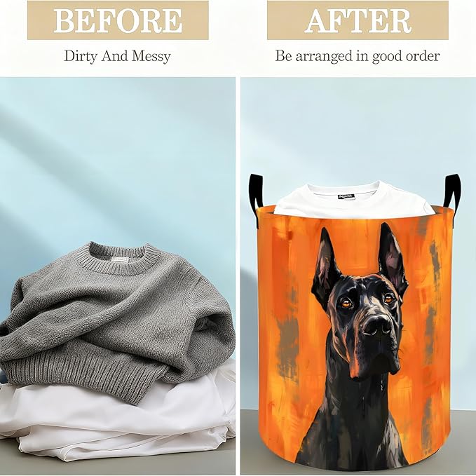Great Dane Dog Laundry Basket Hamper for Boys Girls Kids Adults, Foldable Waterproof Oxford Clothes Storage Bin, Black Dog Pet Organizer for Bedroom Bathroom Room Decor 19.7"x15.8"