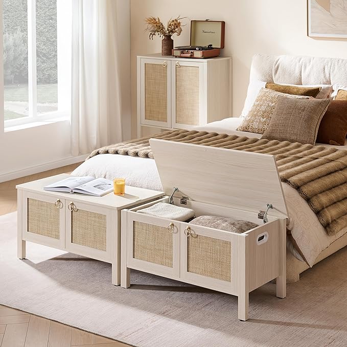 SICOTAS Rattan Shoe Bench - 2 Pieces Farmhouse Shoe Organizer Bench with Lift Top Storage and Hidden Cabinet, Boho Shoe Rack Cabinet for Entryway, Hallway, Bedroom (White Cream Oak)