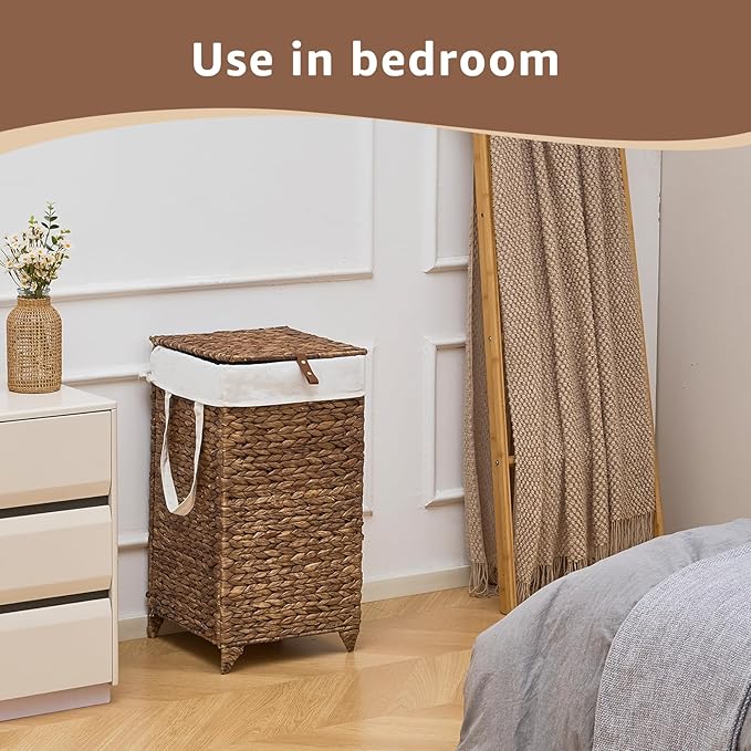 Handwoven Laundry Hamper with Lid, Natural Hyacinth Heightened Feet Laundry Basket, Wicker Clothes Hamper with Removable Liner Bag (Espresso-A, 65L)
