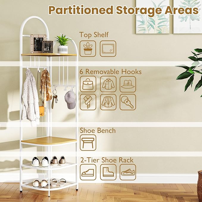 Tangkula Corner Hall Tree, 71 Inch Tall Entryway Coat Rack with Shoe Bench & 4 Storage Shelves, 6 Movable Hooks, Freestanding Metal Corner Clothes Rack for Bedroom Hallway Living Room