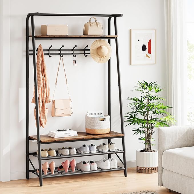 Coat Rack Shoe Bench with Single-Row 6 Hooks 100cm Width, 3-Tier Shelf Entryway Hall Tree with Storage, Metal Frame Multifunctional Organizer, 4-in-1 Coat Rack for Bathroom, Hallway.Brown.