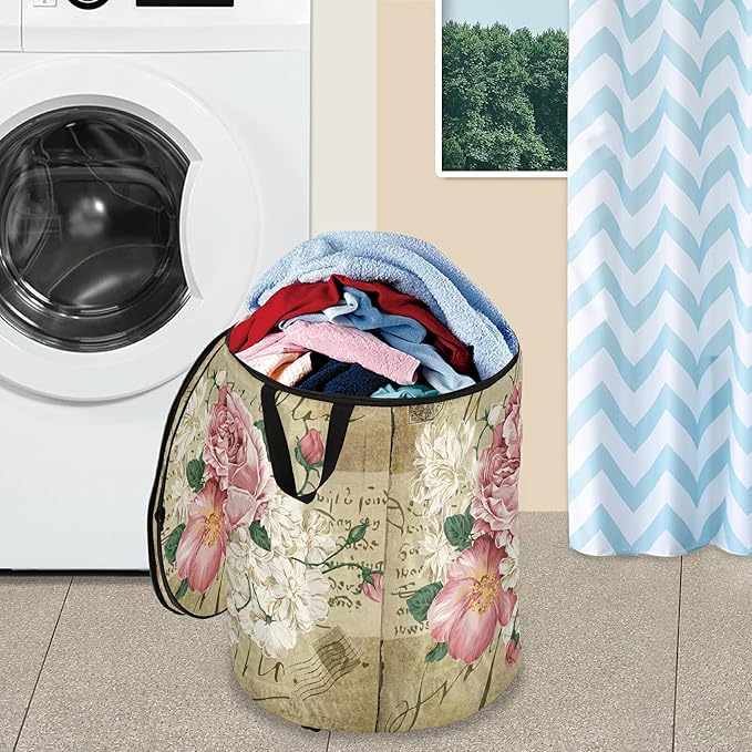 ALAZA 50 L Pop-up Laundry Hamper, Vintage Shabby Chic Pink Rose Floral Freestanding Collapsible Large Clothes Basket for Clothes Toys