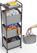 3 Section Laundry Sorter with Removable Bags, 120L Vertical Laundry Hamper with Shelf, Stackable Laundry Baskets organizer for Bathroom, Apartment, Dorm (Gray, With Shelf)