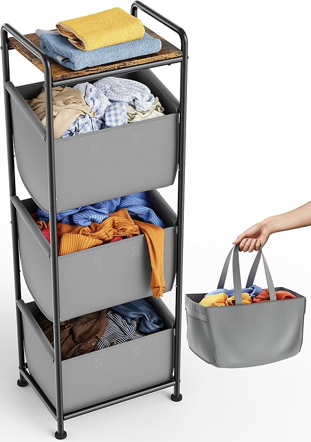 3 Section Laundry Sorter with Removable Bags, 120L Vertical Laundry Hamper with Shelf, Stackable Laundry Baskets organizer for Bathroom, Apartment, Dorm (Gray, With Shelf)