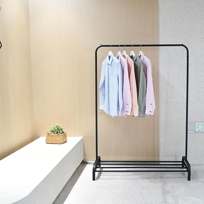 Amig - Ïken Clothes Rail | Organiser with Hanging Rail and Lower Shelf | 110x45x155 cm | Matte Black Metal | Ideal for Bedroom, Hallway, or Entryway