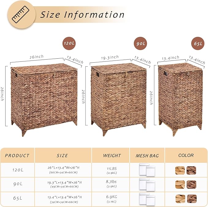 Handwoven Laundry Hamper with Lid, Natural Water Hyacinth Heightened Feet Laundry Basket, Wicker Clothes Hamper with Removable Liner Bag