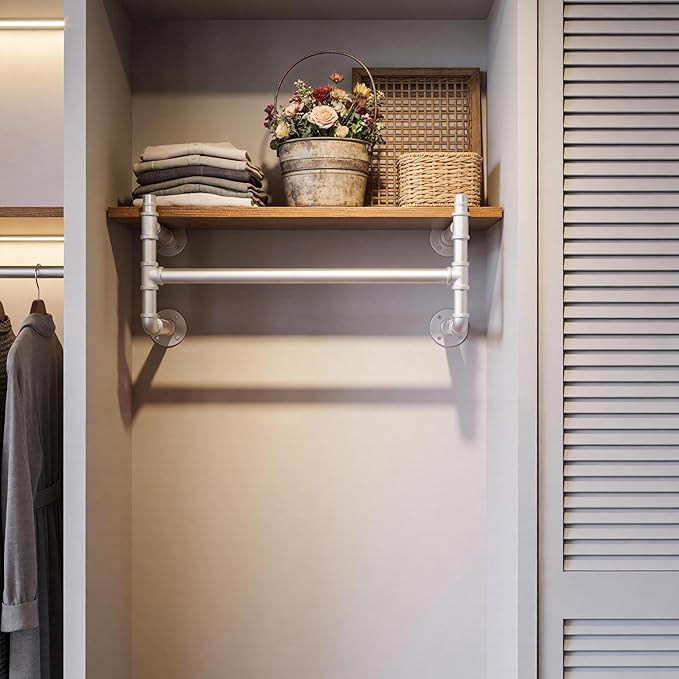 WEBI Wall Mounted Clothes Rack with Shelf,27" Industrial Pipe Clothing Rack with Shelf with Hanging Rod,Heavy Duty Iron Garment Rack Bar,Retail Display Clothes Rod for Laundry Room,Closet,Silver