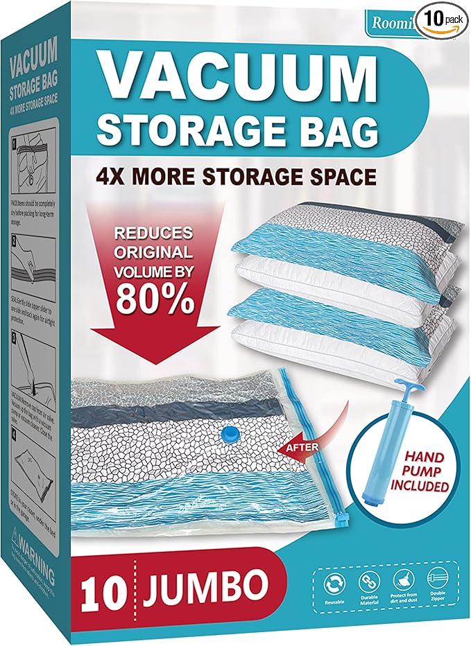 Vacuum Storage Bags, Vacuum Seal Space Saver Bags for Clothing, Travel Lugggage, Carry-on, Blankets, Pillow, Comforters, Bedding, 10 Jumbo