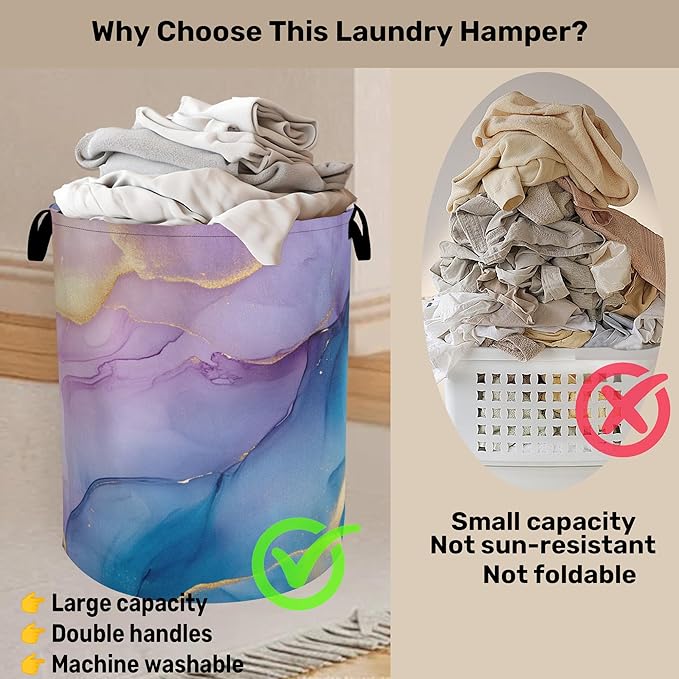 Blue Pink Marble Laundry Basket with Handles - Extra Large Foldable Hamper for Bathroom/Laundry/Bedroom/Dorm, Washable Fabric Storage Bin