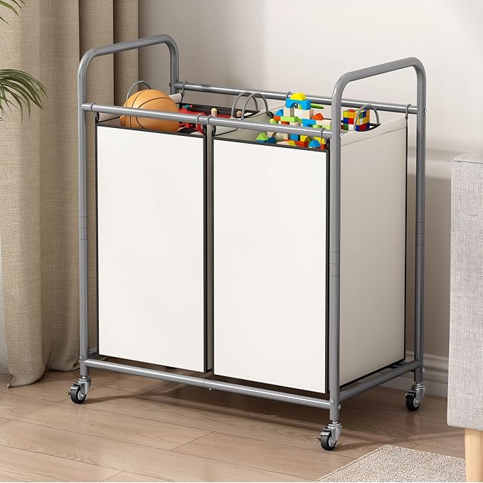 SUOERNUO Laundry Hamper Basket 2 Bag Laundry Sorter Cart with Rolling Removable Bags Laundry Organizer Cart for Clothes Storage, Beige (2 Bags, Beige)