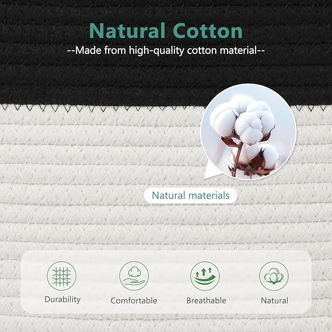 Cotton Rope Storage Basket, 15x10x9 Inches, Woven Basket for Shelves, Clothes, Towels, Books, and Laundry, Black/White (3 Pack)
