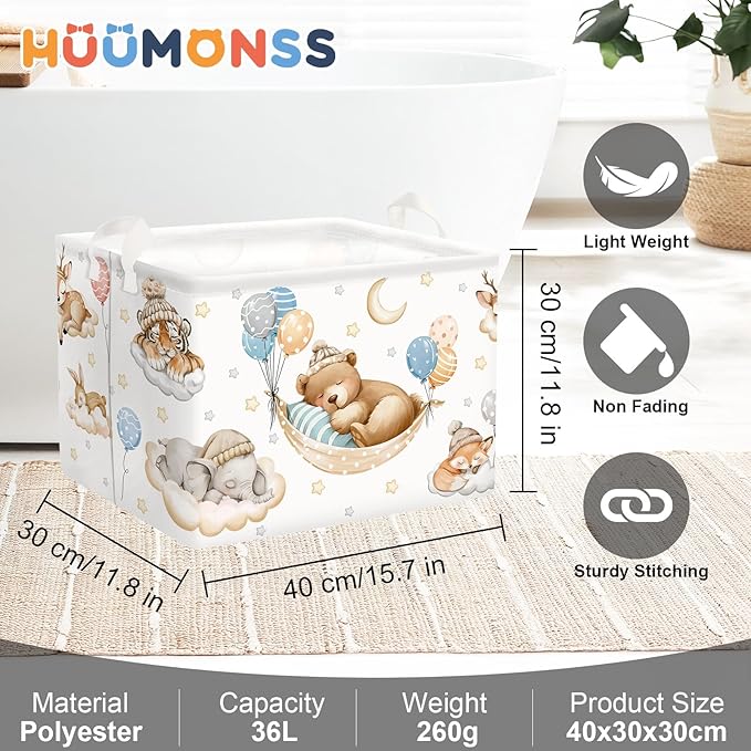 Sleeping Animals Baby Laundry Hamper Collapsible Clothes Kids Storage Basket Large Boys Girls Gift Toy Box Bin for Nursery, Bear, 36L