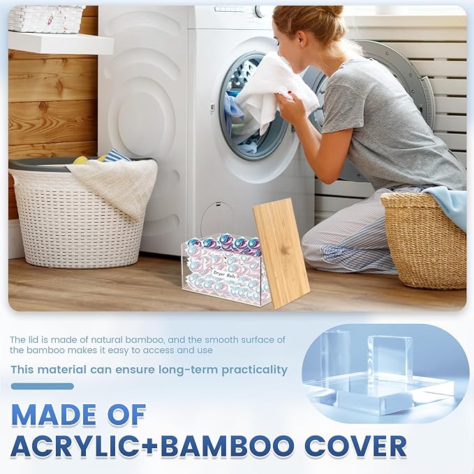 Acrylic Dryer Sheet Holder with Bamboo Lid, Dryer Sheet Dispenser, Laundry Pods Container, Acrylic Box with Lid, Fabric Sheet Holder, Dryer Sheet Container with Dryer Sheet Label