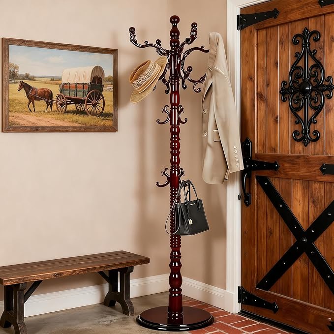 73”Vintage Wooden Coat Rack Freestanding,With 14 Hooks and Sturdy Round Base.Sturdy and Durable Standing Coat Racks，Adjustable Wooden Freestanding Coat Rack for Offices, Bedrooms (Mahogany)