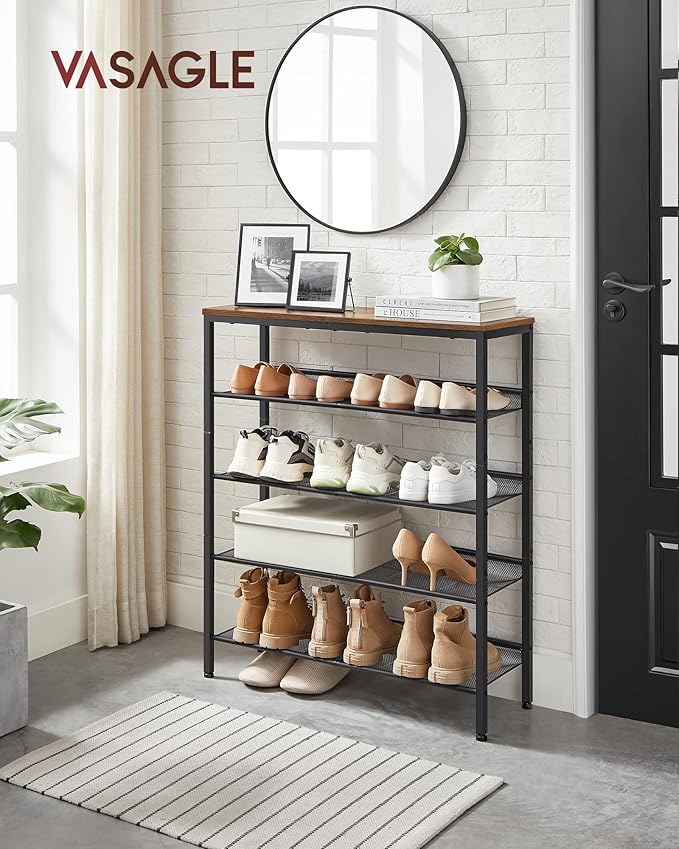 VASAGLE Shoe Rack Bundle with Coat Stand, 5-Tier Shoe Storage Shelves, Coat Tree with 10 Hooks for Hats, Bags, for Entryway, Hallway, Rustic Brown, Black and Dark Walnut ULBS038B01 and URCR03WN
