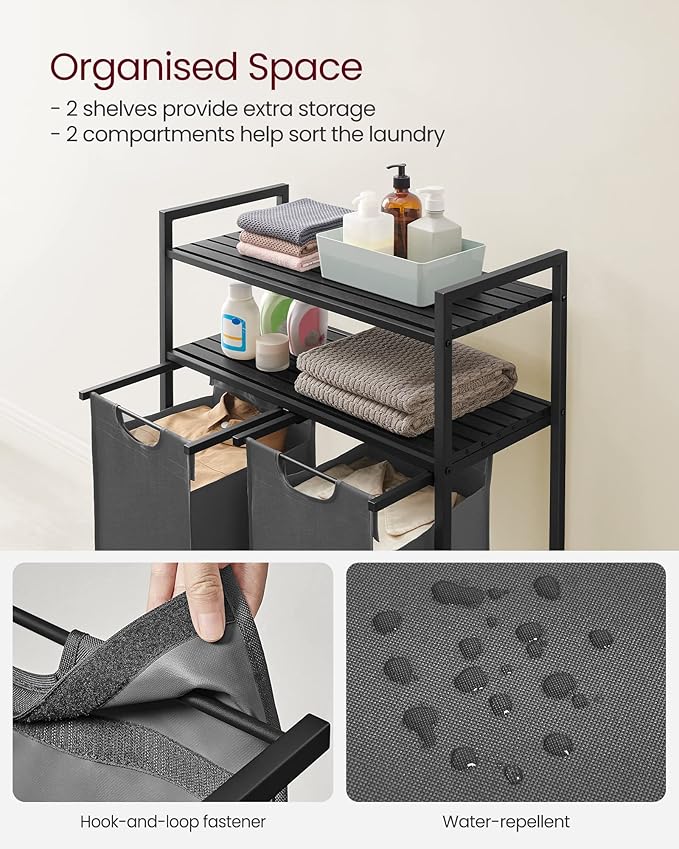 VASAGLE Laundry Hamper, Laundry Basket, Laundry Sorter with 2 Pull-Out and Removable Bags, 2 Shelves, 12.1 Gal (46L) Capacity per Bag, for Laundry Room, Black and Gray UBLH211G01