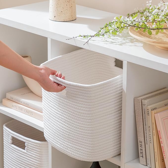 UBBCARE Storage Cubes 11 Inch, Cotton Rope Woven Baskets for Organizing, Cube Storage Bin for Baby Nursery, 2-Pack Square Toy Storage Baskets for Shleves Organizer, Closet, Kidsroom, White