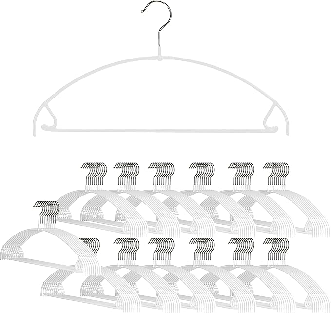 Mawa by Reston Lloyd Euro Ultra Light/Thin Series, Non-Slip Space Saving Clothes Hanger with Bar & Hook for Pants and Skirts, Style 42/PTU, Set of 130, White