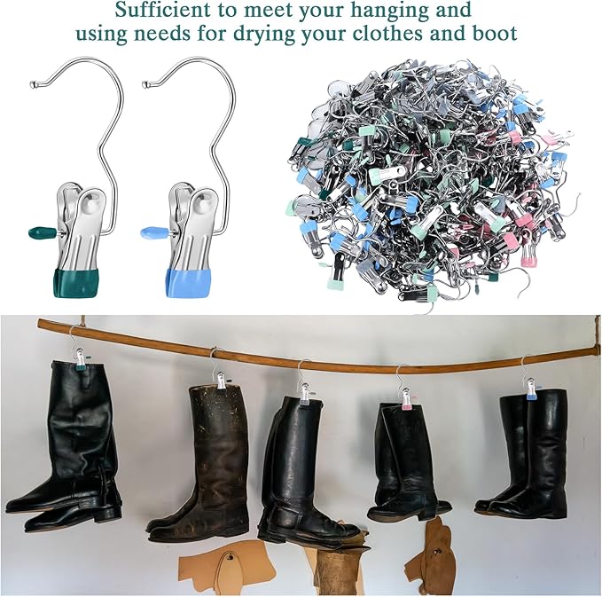 Yinder 150 Pcs Boot Hangers Clips Laundry Hooks Hanging Stainless Steel Clothes Pins Portable Clip Hangers for Closet Travel Socks Pants Handbags Hats Towels (Multicolor)