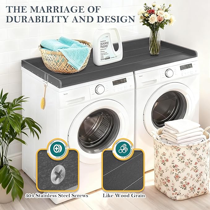 HDPE Washer Dryer Countertop, 54" x 27" Laundry Countertop with 2 Hooks & Non-Slip Pads, Washer and Dryer Topper for Laundry Room Organization, No-Installation (Grey)
