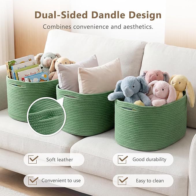Cotton Rope Storage Basket, 15x10x9 Inches, Woven Basket for Shelves, Clothes, Towels, Books, and Laundry, Green (3 Pack)