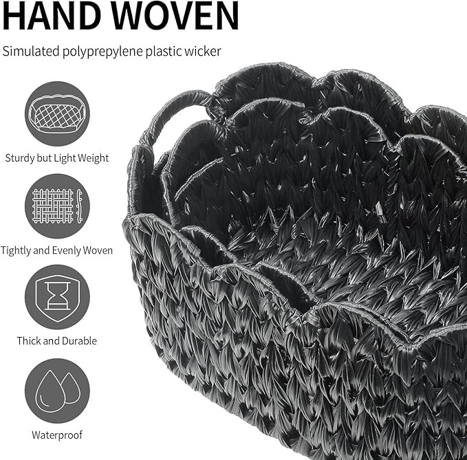 Wicker Scalloped Basket Set of 2,Woven Storage Baskets for Shelves,Closet,Laundry,Gift,Towels,Books,Toys,Waterproof Decor Basket for Organizing,Black Oval