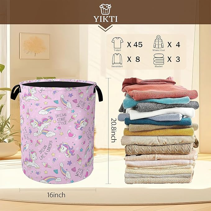 Laundry Hamper,Pink Unicorn Laundry Basket,Dreamy Rainbow Portable Collapsible Laundry Room Organization Storage for Dorm Room,Nursery,Bathroom,Bedroom,16x20 Inch