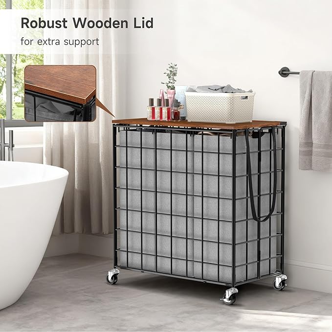 Laundry Basket with Wheels, Heavy Duty Laundry Sorter 3 Sections, 140L (37Gal.) Large Capacity Laundry Hamper with Wood Lid, 360 Rolling Wheels, Extra Side Pocket, Leather Pull Handle (Grey)
