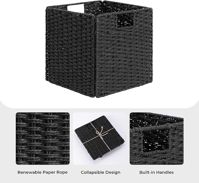 StorageWorks 11 inch Wicker Baskets, Handwoven Storage Cubes with Handles, Foldable Paper Rope Basket for Organizing, Black, 2 Pack