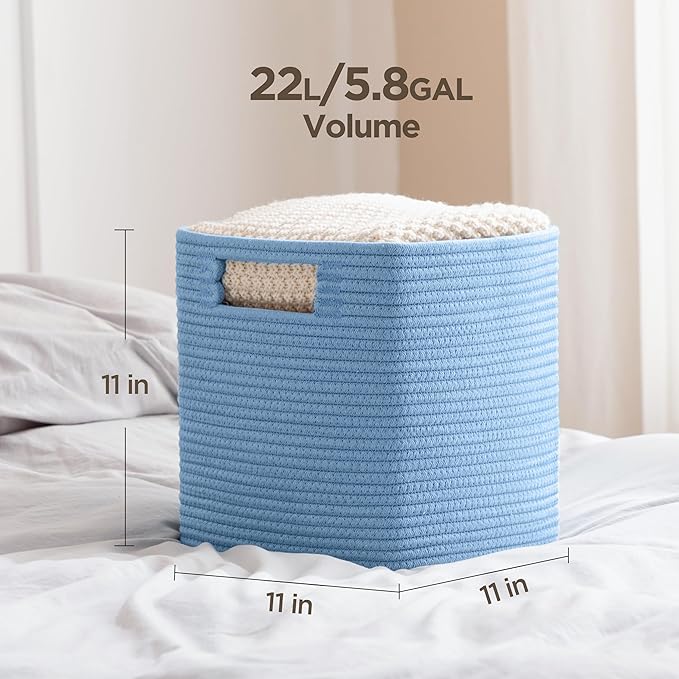 UBBCARE Storage Cubes 11 Inch, Cotton Rope Woven Baskets for Organizing, Cube Storage Bin for Baby Nursery, 2-Pack Square Toy Storage Baskets for Shleves Organizer, Closet, Kidsroom, Blue