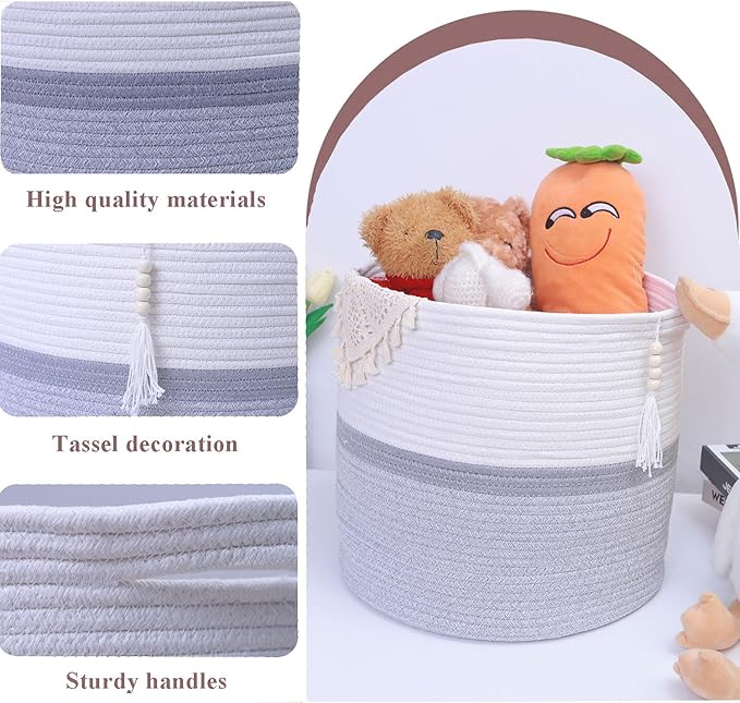 Cotton Rope Storage Bin,Natural Handmade Woven Hamper for Living Room,Blanket Basket for Clothes, Pillows, Towels (gary, 55L)