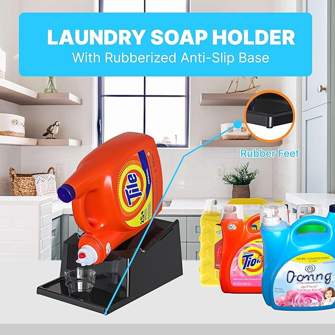 Skywin TidyFriend No-Spill Liquid Laundry Detergent Dispenser Holder, Laundry Soap Dispenser Holder with Drip Tray for Laundry Room Organization (No Strap, Black)