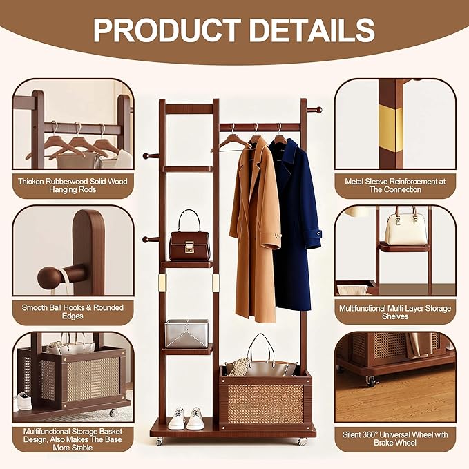 Solid Wood Clothes Rack with Wheels, Freestanding Coat Rack with 4 Shelves, 4 Side Hooks & Storage Basket, 4-IN-1 Clothing Rack Heavy Duty Clothes Hanger Stand for Clothes Garment Wallets Hats