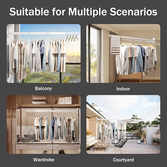 Wall Mounted Clothes Drying Rack, Collapsible Laundry Drying Rack, Retractable Foldable Drying Rack Clothing for Hanging Clothes,White-Rings