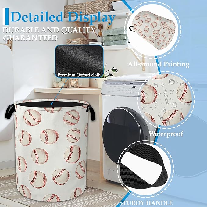 Groovy Baseball Laundry Basket Collapsible Laundry Hamper Clothes Toy Storage Bin for Bathroom Bedroom Room Decor 16" X 20.8"
