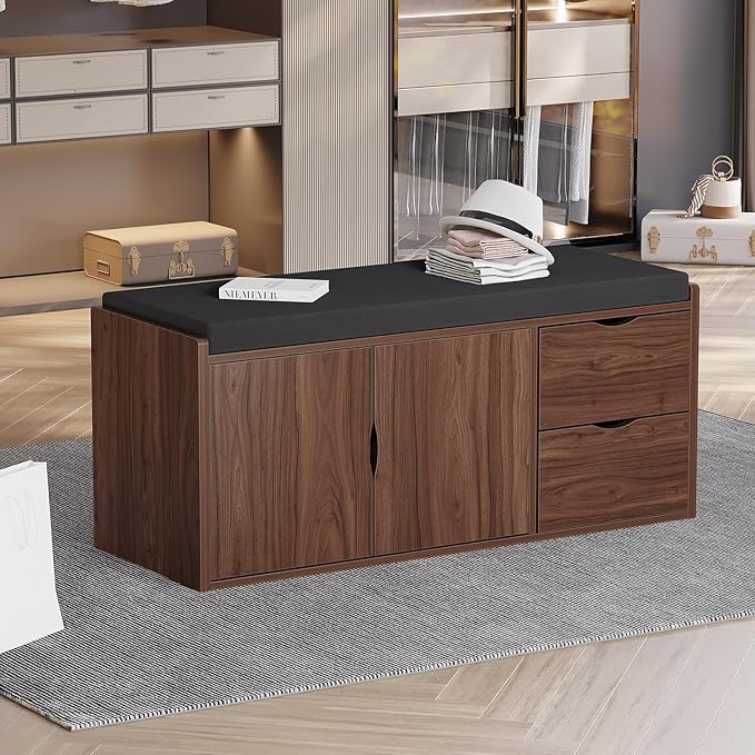 LVB 40” Entryway Storage Bench with Padded Seat Cushion, Wood Hidden Shoe Organizer Bench with 2 Drawers Cabinet, Industrial Shoe Bench for Foyer Entrance Living Bedroom, Walnut Oak, 40 inch