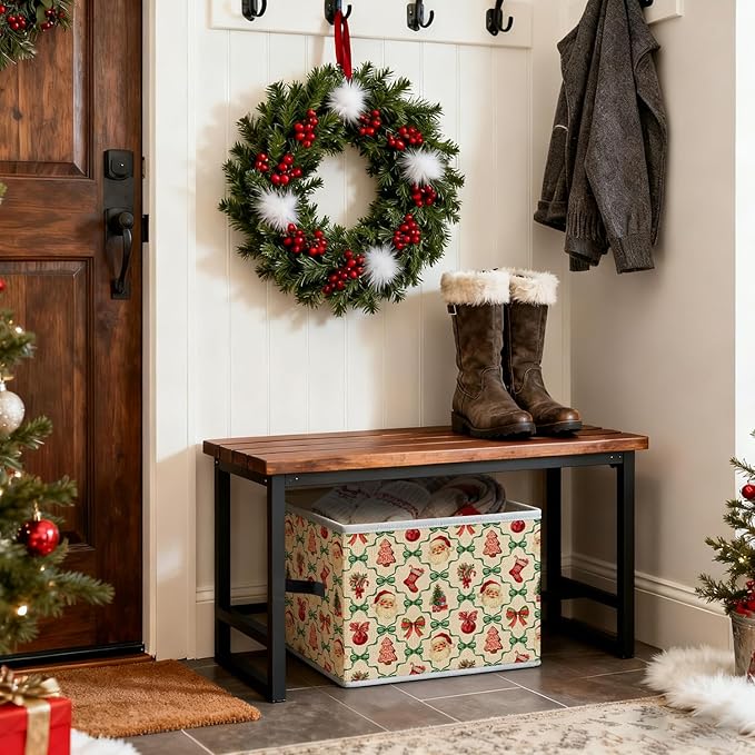 Red and Green Coquette Bow Santa Trellis Christmas Storage Bins, Gingerbread Stocking Tree Holiday Foldable Closet Organizers Storage Basket Toybox for Clothes Bed Sheets Blankets Toys